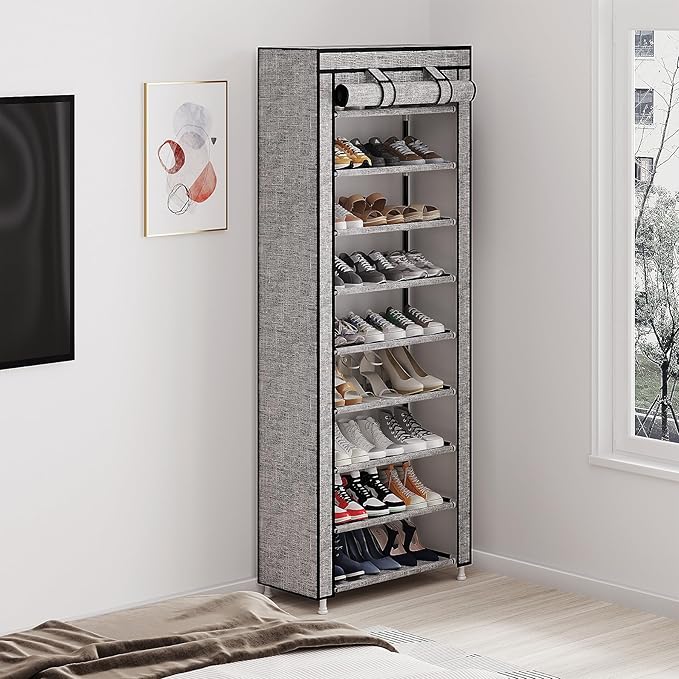 Calmootey 9 Tier Shoe Rack Organizer,Portable Shoe Shelf with Nonwoven Fabric Cover for Closet Hallway,Bedroom,Entryway, Ash Grey-NeatNest