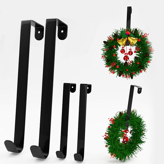 12 & 8 Inch Heavy Duty Wreath Hooks 4 Pack - Holds 50 lbs! No Drill Storm Door Hangers, Steel Over Door Hooks for Holiday Decor, Fits Door Tops 1"-2.2" Thick (Black)