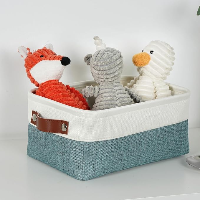 DULLEMELO Small Storage Bin,Small Fabric Rectangular Storage Basket for Shelves,Foldable Bin with Handles for Toy and Clothes Storage (White&Dark Green,1 PACK)-NeatNest