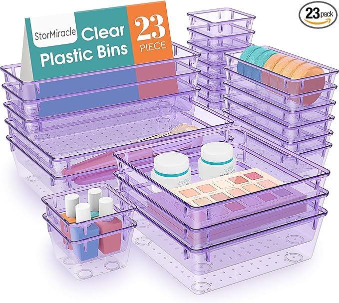 23 PCS Drawer Organizer Set, 5 Varied Size Bathroom and kitchen Drawer cabinet organizer Trays, Clear Storage Bins for Makeup, Jewelry, Utensils and Gadgets, Purple-NeatNest