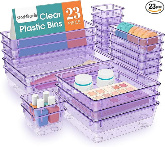 23 PCS Drawer Organizer Set, 5 Varied Size Bathroom and kitchen Drawer cabinet organizer Trays, Clear Storage Bins for Makeup, Jewelry, Utensils and Gadgets, Purple-NeatNest