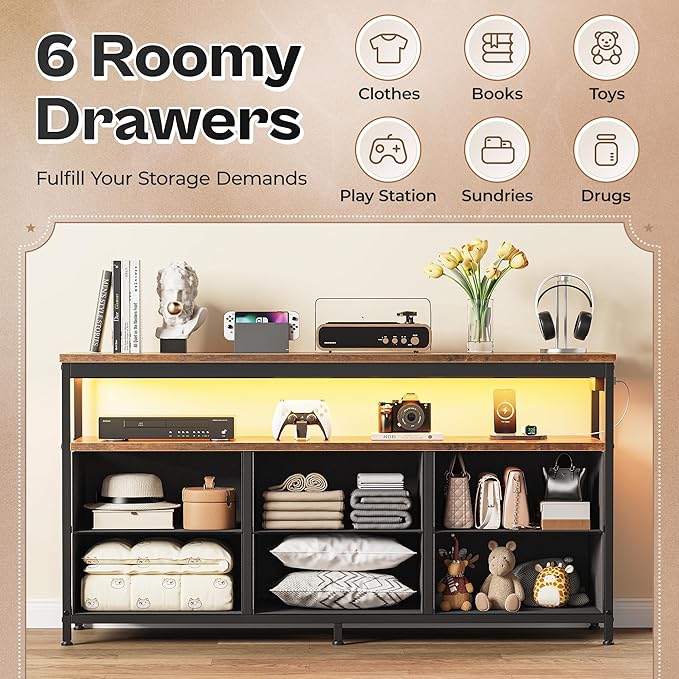 Huuger LED TV Stand for Bedroom, 47 Inch Dresser TV Stand for 43, 50, 55 Inch TV, Rustic Black TV Stand with Storage, Entertainment Center with Power Outlets, 6 Drawer Fabric Dresser for Living Room-NeatNest