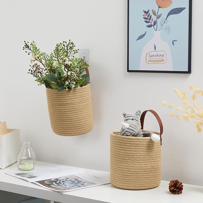 DULLEMELO Small Jute Hanging Basket 2 Pack - 7"D x 8"H, Woven Storage Basket With Leather Handle, Wall Decor Plants-NeatNest