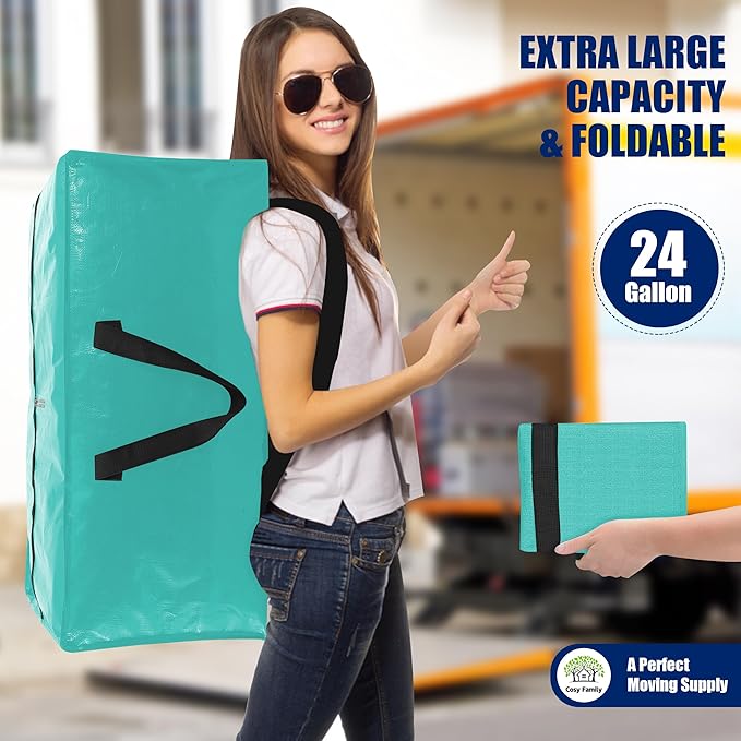 Cosy Family 12 Pack Heavy Duty Extra Large Moving Bags with Backpack Straps - Strong Handles & Zippers, Storage Totes For Space Saving, Fold Flat, Alternative to Moving Box, Aquamarine-NeatNest