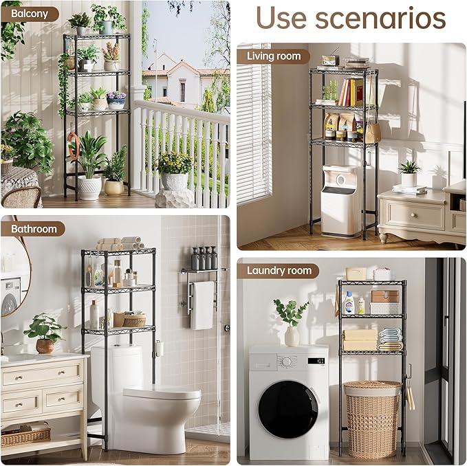 3-Tier Over The Toilet Storage Shelf,Heavy Duty Adjustable Metal Bathroom Rack with Toilet Paper Holder & Hooks,Space-Saving Organizer for Bathroom,10”D x 24”W x 66”H,Black