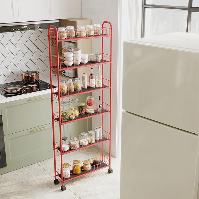6-Tier Storage Cart Wire Slim Shelving Shelf with Wheels for Small Spaces, Rolling Tall Organizer Storage for Bathroom, Kitchen, Home, Garage, Bedroom, Closet (Red, 6" D)