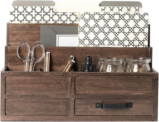 BLU MONACO Brown Wood Mail Organizer with Drawer & Pen Holder – Desk Organizer for Bills, Storage, Countertop & Kitchen-NeatNest