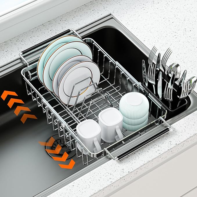 Expandable Dish Drying Rack in Sink,Stainless Steel Over The Sink Dish Drainer Drying Rack for Kitchen Counter,with Utensil Holder,Silver
