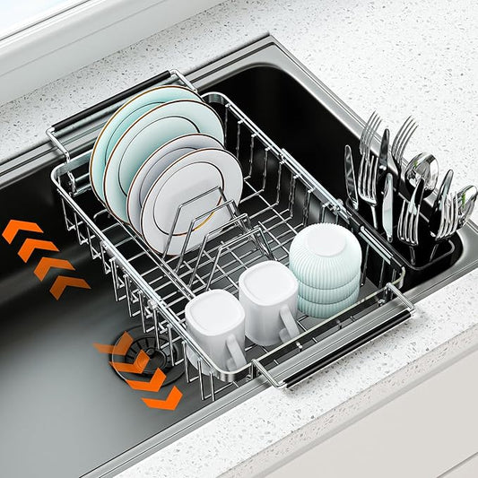 Expandable Dish Drying Rack in Sink,Stainless Steel Over The Sink Dish Drainer Drying Rack for Kitchen Counter,with Utensil Holder,Silver