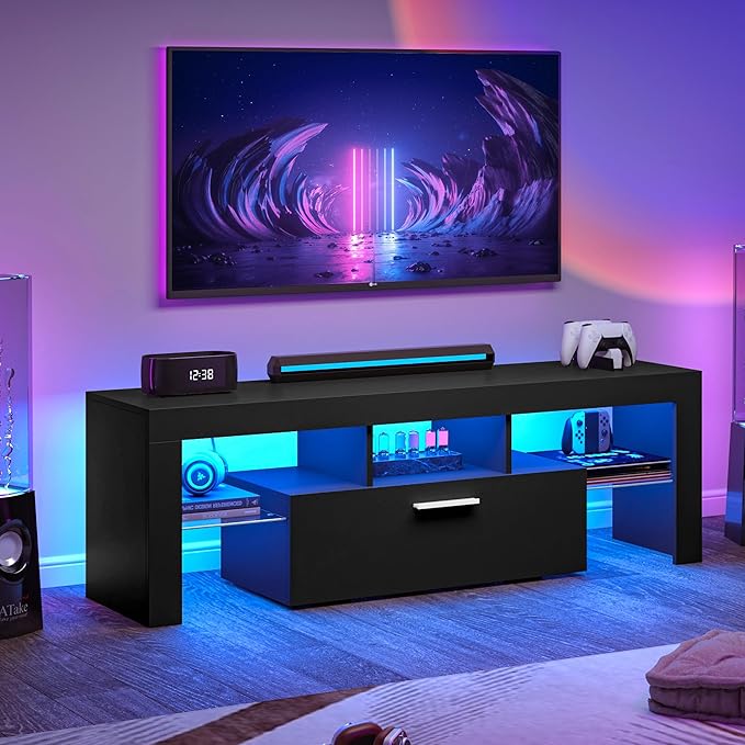 Clikuutory Modern Lighting 51 inch TV Stand with Large Storage Drawer for 32 40 50 55 Inch TVs, TV Console with 20 Color LED Lights, Entertainment Center Media and Open Shelf for Bedroom, Black-NeatNest