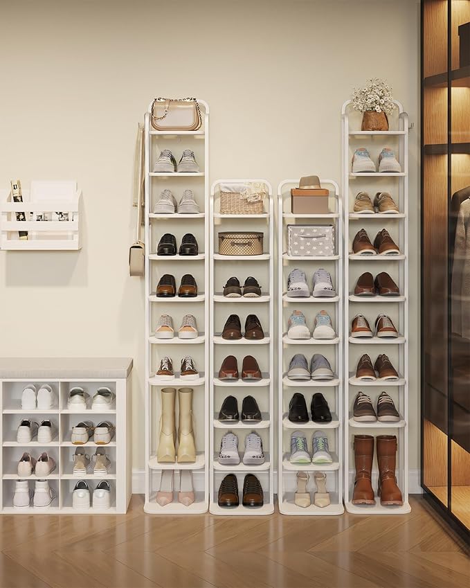 8 Tiers Vertical Shoe Rack, Narrow Shoe Tower, Tall Shoes Shelf with 2 Hooks, Adjustable Shelves, Corner Shoes Shelves for Small Spaces, Entryway, Living Room, White SR04313W-NeatNest