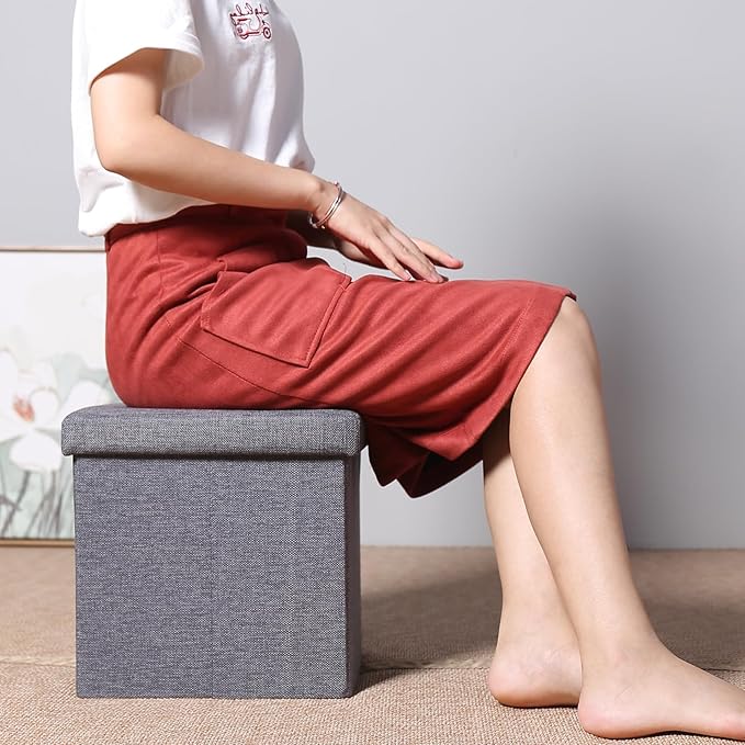 B FSOBEIIALEO Storage Ottoman Cube, Toy Chest Folding Foot Rest Seat, Linen Grey 12.6"X12.6"X12.6" (2 Pack)