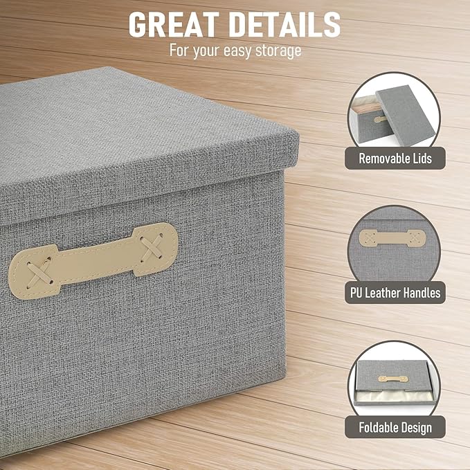 Enzk&Unity Decorative Storage Boxes with Lids, 3 Pack Grey Fabric Storage Bins with Handle, Foldbale and Stackable Storage Boxes for Shelf, Closet, Bedroom, Living Room-NeatNest