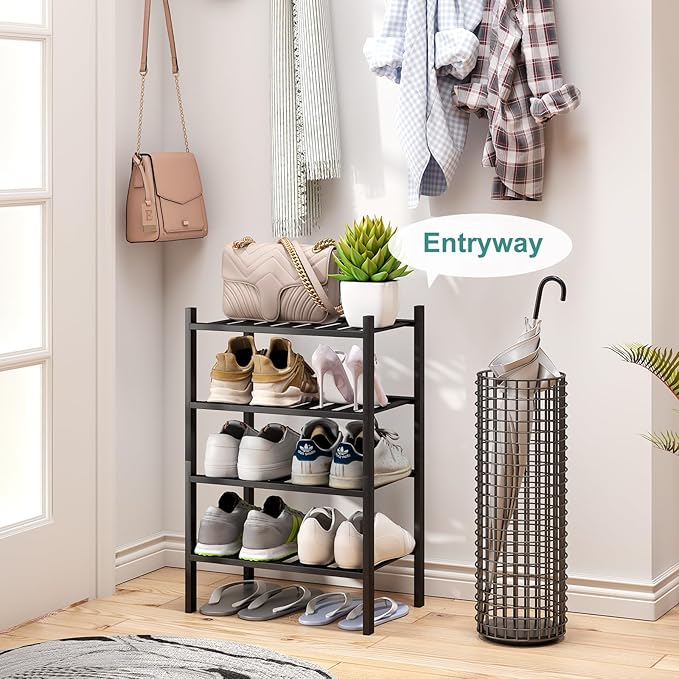 Black Small Shoe Rack for Entryway, 4-Tier Bamboo Shoe Organizer for Hallway Closet, Free Standing Shoe Racks for Indoor Outdoor-NeatNest