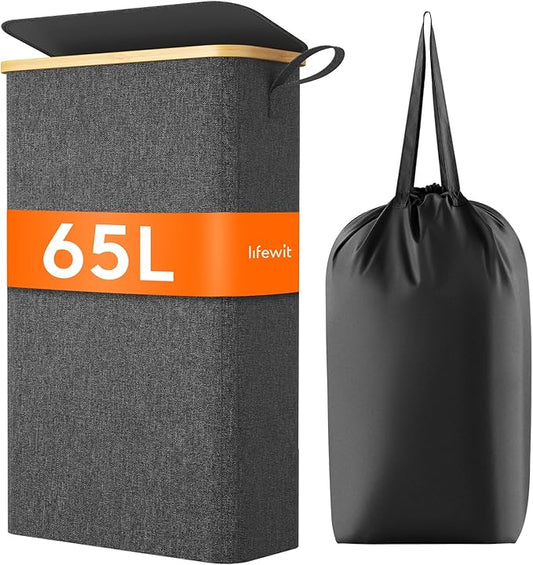 Lifewit 65L Slim Laundry Hamper with Lid, Narrow Laundry Basket with Removable Bag & Bamboo Handles, Fodable Thin Dirty Clothes Hamper for Laundry Collapsible Bin for Bathroom Bedroom Dorm, Dark Gray-NeatNest