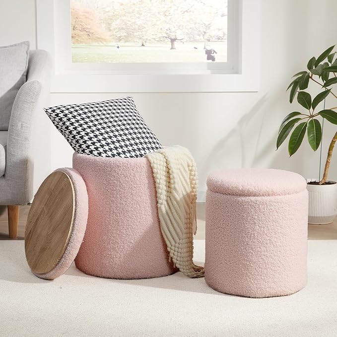 Boucle Round Ottoman with Storage Set of 2,Small Foot Stool Ottoman for Living Room, Small Coffee Table,Vanity Stool with Storage for Bedroom, Pink-NeatNest