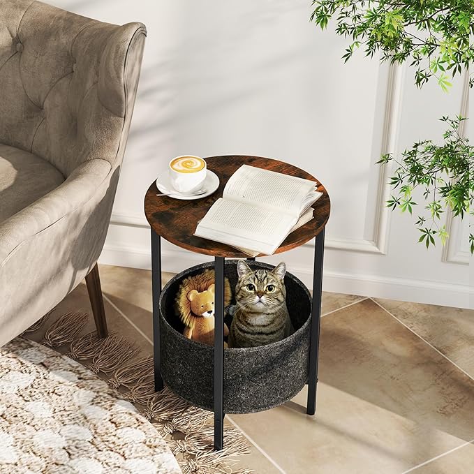 Giantex Round End Table Set of 2, Small Side Tables w/Removable Fabric Basket, Modern Bedside Tables w/Metal Frame, Sofa Couch Accent Tables for Small Space Living Room, Nightstand for Bedroom