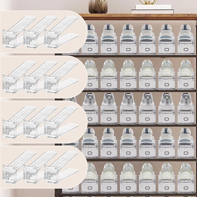Adjustable Shoe Slots Organizer,12PACK Transparent Shoe Stackers Shoe Rack Holder Shoe Space Savers Double Layer Stack Shoe Racks for Closet Organization(Transparent)-NeatNest