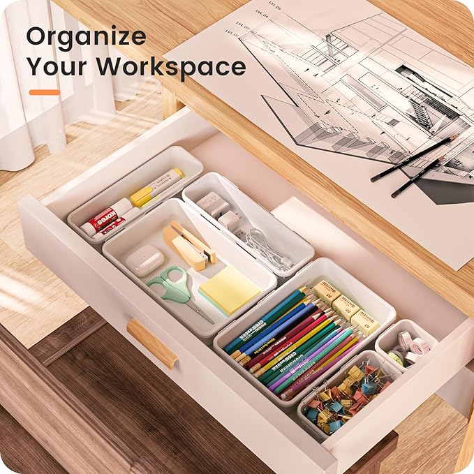 A-LuGei 【28PCS】 Drawer Organizer, Bathroom Organizers and Storage, Makeup organizer, Desk drawer organizer, Storage Bins for Kitchen Office Bedroom Vanity Jewelry Pantry Garage【White】【4Size】-NeatNest