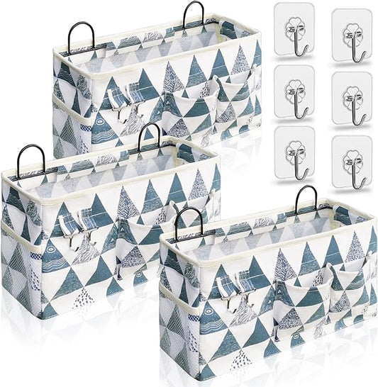 3pcs Large Wall Hanging Organizer Bag, Linen Fabric Door Hanging Storage Baskets with Pockets, Waterproof Bin for Kitchen, Bedroom, Office, RV Camper (Triangle)-NeatNest