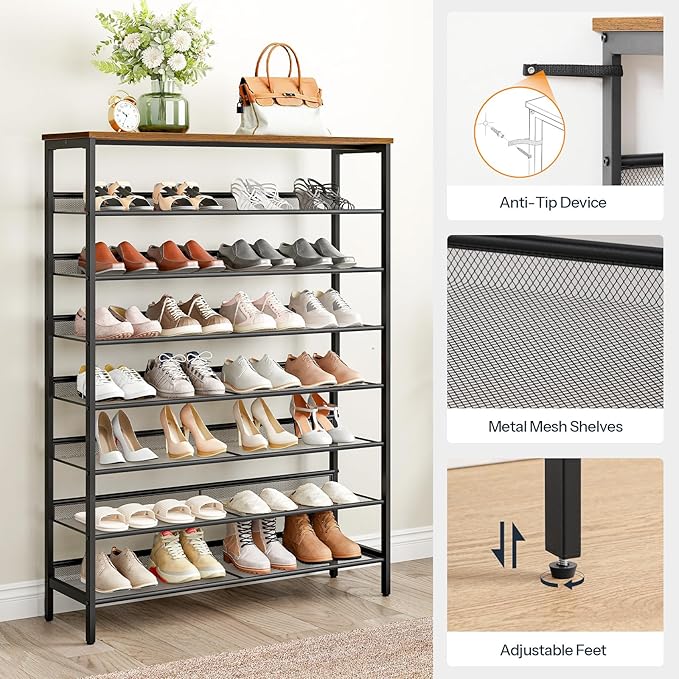 HOOBRO 8 Tier Shoe Rack, 39.4"L Shoe Shelf, Large Capacity Shoe Storage Organizer for 30+ Pairs of Shoes, Front Door Entrance, Entryway, Hallway, Closet, Space Saver, Rustic Brown and Black BF118XJ01-NeatNest