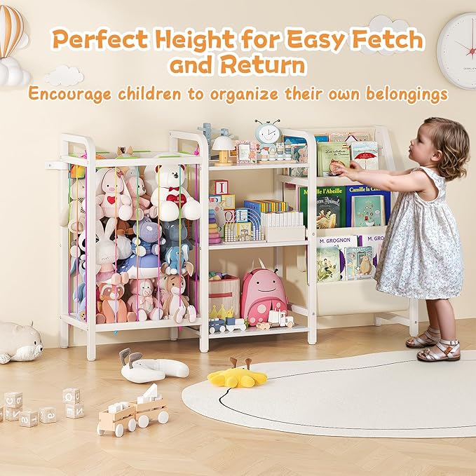 B1 Kids Bookshelf and Toy Storage, 3-Tier Book Shelf for Kids Rooms, Sling Baby Bookcase with Stuffed Animal Storage, Montessori Toddler Bookshelf for Nursery, Bedroom, Playroom, White