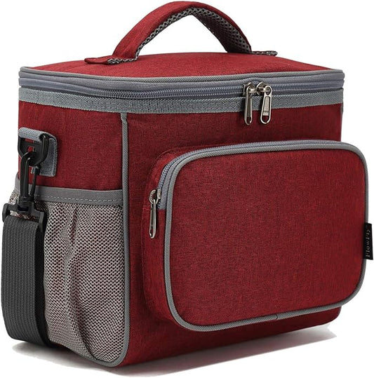 FlowFly Insulated Reusable Lunch Bag Adult Large Lunch Box for Women and Men with Adjustable Shoulder Strap,Front Zipper Pocket and Dual Large Mesh Side Pockets,Red-NeatNest