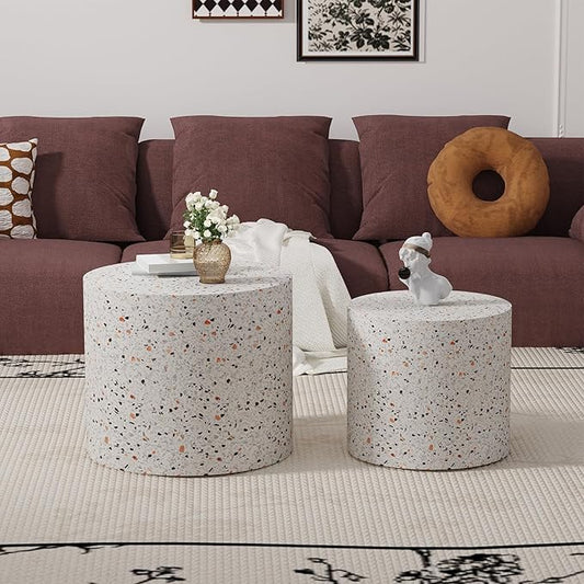 Round Nesting Coffee Table Set of 2 Circle Nested Coffee Tables Modern Terrazzo Coffee Table Set of 2 Wooden Drum End Side Tables for Living Room Bedroom Small Spaces (terrazzo)