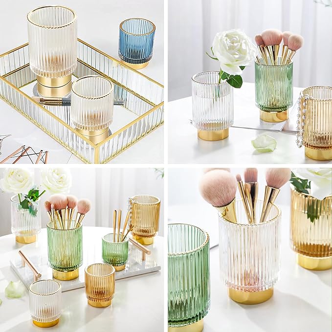 DASITON Makeup Brush holder Organizer,Crystal Cosmetic Makeup Brush Glass Brushes Storage Holder, Vintage Make Up Brush Cup Pen Pencil Holder striped vase(Clear S+L)-NeatNest