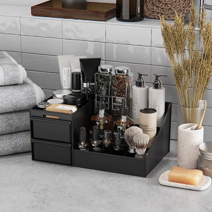 Makeup Organizer Countertop, Vanity Organizer with Drawers for Cosmetics, Skincare, Brushes, Perfume, Skincare Organizer for Vanity, Perfume Organizer for Dresser, Bathroom (Black&2 Drawers)-NeatNest