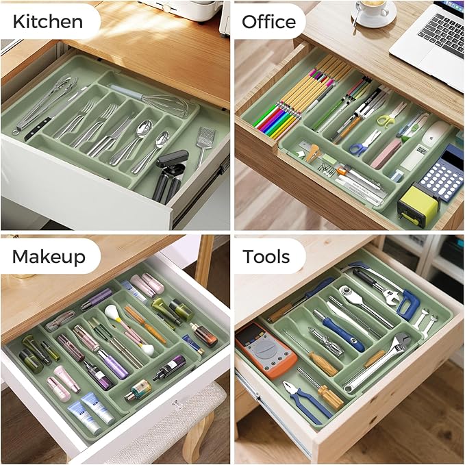 Extra Large Expandable Silverware Organizer, BPA-Free Food-Safe Cutlery Flatware Organizer, Kitchen Utensil Drawer Organizer, Adjustable Silverware Holder for Spoons Forks Knives, Green-NeatNest