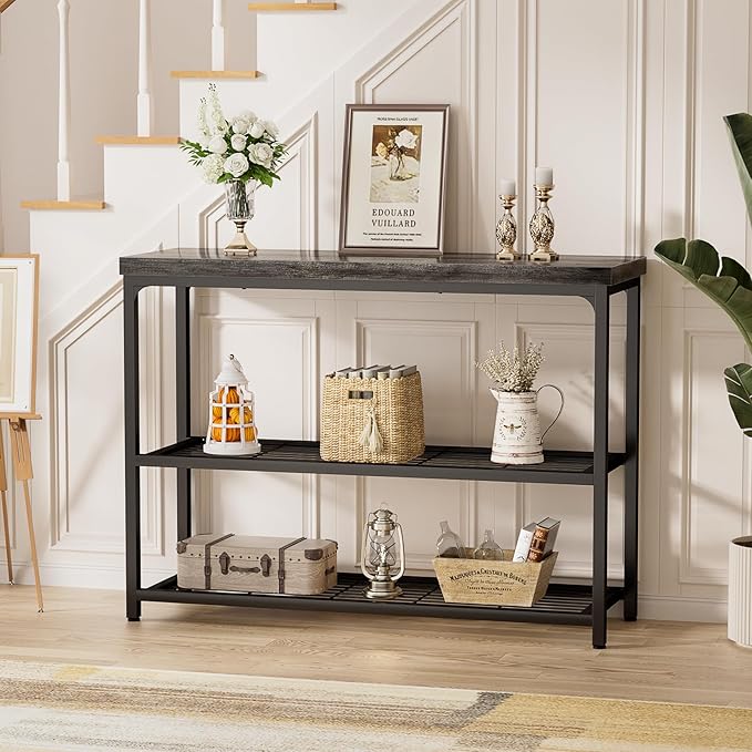 47" Console Table, 3-Tier Entryway Table, Sofa Table with Mesh Shelves, Console Tables for Living Room, Bedroom, Hallway, Entryway, Foyer, Grey-NeatNest