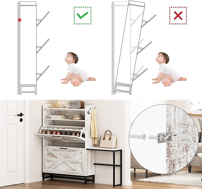 Vibe & Dine Shoe Cabinet with 2 Flip Drawers and Shoe Bench, Farmhouse Shoe Storage Cabinet for Entryway, Freestanding Slim Shoe Organizer Cabinet, Narrow Shoe Rack Cabinet with Metal Legs, White-NeatNest