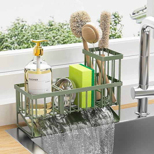 Cisily Kitchen Sink Caddy, Sponge Holder for Kitchen Sink, Kitchen Sink Organzier and Storage with High Brush Holder, 304 Stainless Kitchen Gadgets Sink Accessories, Organizadores de Cocina Sage Green-NeatNest