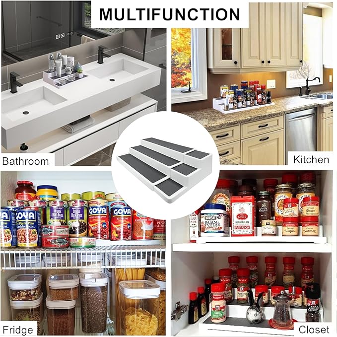 3 Tier Expandable Spice Rack Organizer, Plastic Spice Rack, Adjustable Length 14.6In-25.8In, Non-Skid Tiered Spice Shelf Organizer for Kitchen Cabinet, Cupboard, Pantry, White/Grey-NeatNest