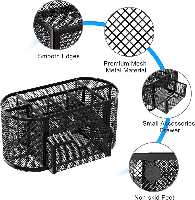 EasyPAG Mesh Desk Organizer, Multi-functional Stationery Organizer for School Supplies, Office Pen Holder for Desk, 9 Compartments Dorm Organization with Drawer, Black