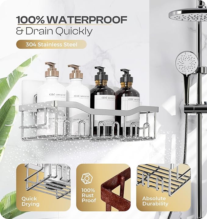 Luxury Style 5 Pack Stainless Steel Adhesive Shower Caddy Set - Rustproof Bathroom Organizer with Large Capacity Storage| No Drilling Shelves Shower Caddy Organizer | Bathroom Decor (Shiny Silver)