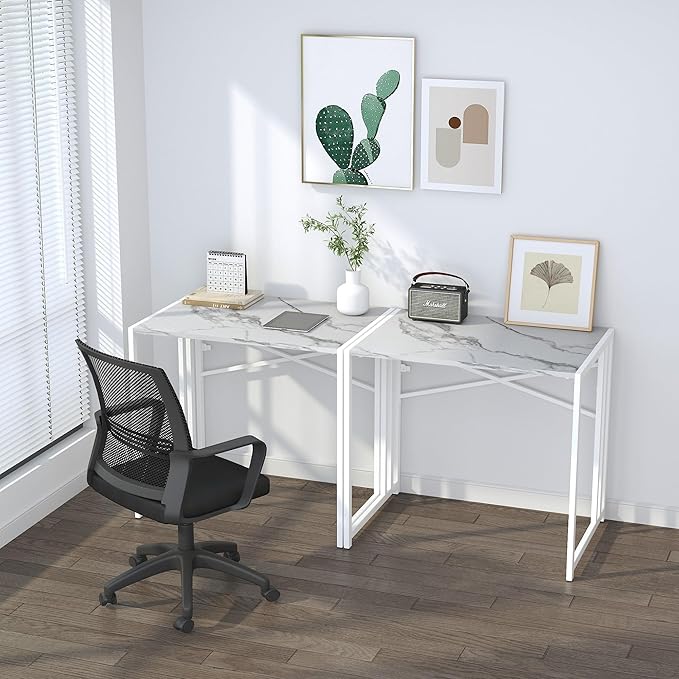 32 inch Folding Small Desk, Writing Gaming Computer Camping Desk for Small Spaces, No Assembly Required Home Office Desk, White Marble-NeatNest