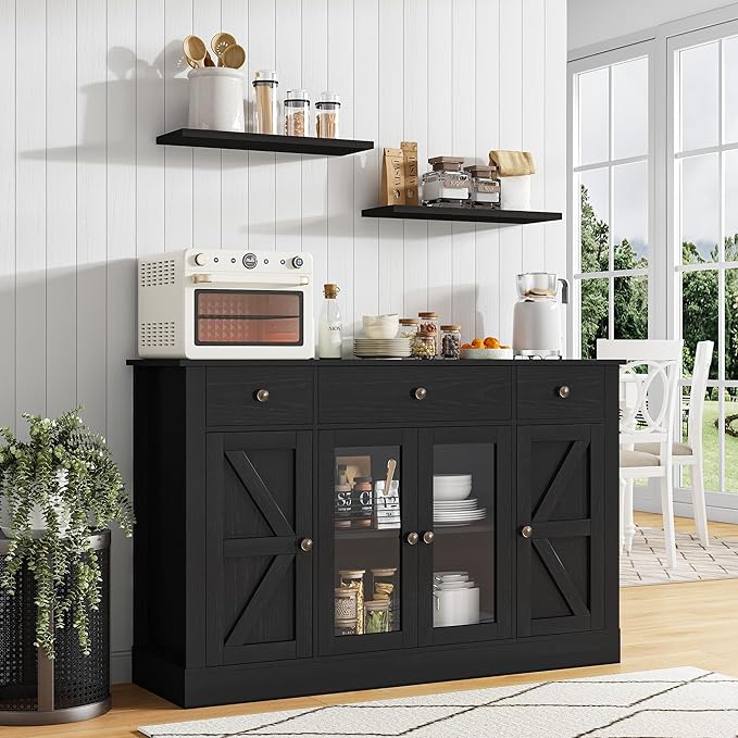 4 EVER WINNER Sideboard Buffet Cabinet with Storage, 55" Coffee Bar Cainets with 3 Drawers and Glass Doors, Farmhouse Buffet Cabinet for Kitchen, Living Room-NeatNest