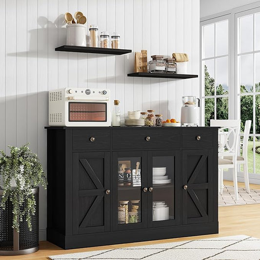 4 EVER WINNER Sideboard Buffet Cabinet with Storage, 55" Coffee Bar Cainets with 3 Drawers and Glass Doors, Farmhouse Buffet Cabinet for Kitchen, Living Room-NeatNest