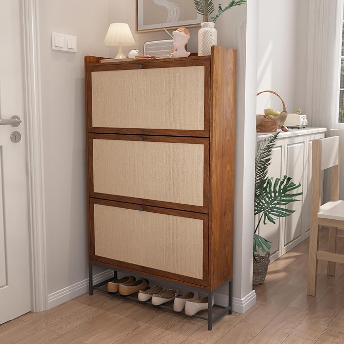 AVZEAR Narrow Shoe Storage Cabinet with 3 Flip Drawers, Freestanding Wooden Closed Shoe Rack, Slim Cabinet Storage for Entryway, Hallway, Living Room (Walnut)-NeatNest