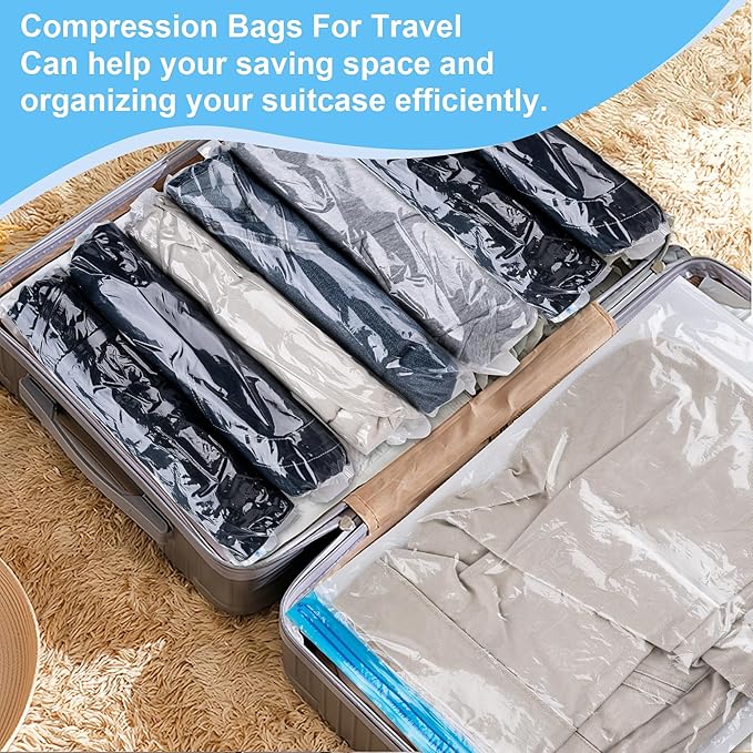 Compression Bags for Travel, 10 PCS Space Saver Bags, Hand Roll Vacuum Packing Bags for Travel, No Vacuum Needed, (3 Large, 3 Medium, 4 Small), Clothing, Luggage, Home Organizers Storage Bags-NeatNest