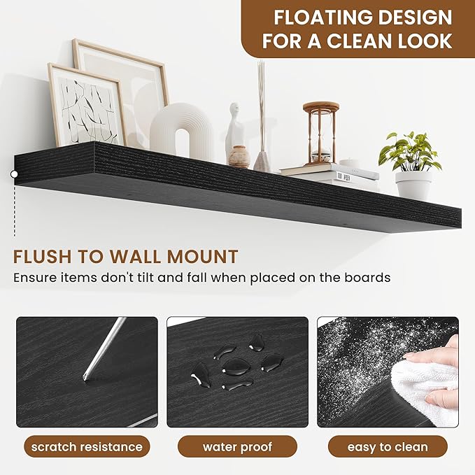 fuqing Floating Shelves for Wall, Bathroom Shelf Wall Mounted for Storage, Shelves with Invisible Bracket for Bedroom, Kitchen, Living Room, Farmhouse Small Book Shelf, 48 Inch Set of 2, Black-NeatNest