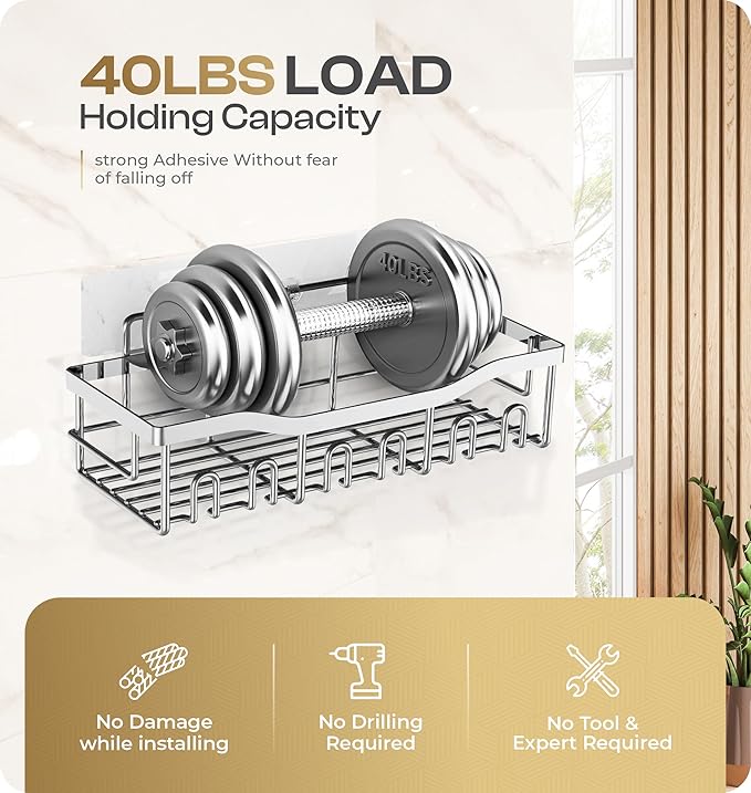 Luxury Style 5 Pack Stainless Steel Adhesive Shower Caddy Set - Rustproof Bathroom Organizer with Large Capacity Storage| No Drilling Shelves Shower Caddy Organizer | Bathroom Decor (Shiny Silver)