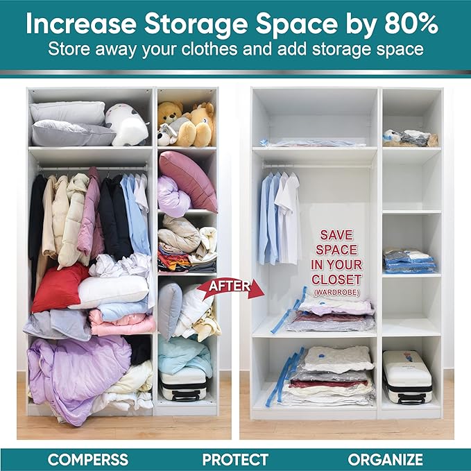 Space Saver Vacuum Storage Bags, 6 Pack Jumbo Space Saver Bags with Pump, Storage Vacuum Sealed Bags for Clothes, Comforters, Blankets, Bedding (Jumbo)-NeatNest