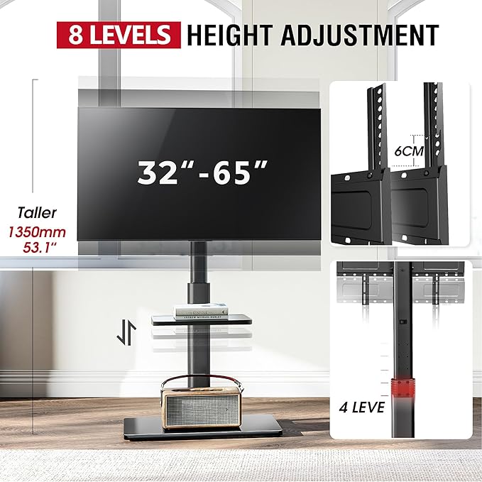 Floor TV Stand with 60-Degree Swivel, TV Floor Stand for 32-65 inch TVs up to 88lbs with Tilt, 8 Level Height Adjustable Tall TV Mount Stand with Shelf, Tempered Glass Base, MAX VESA 400x400mm