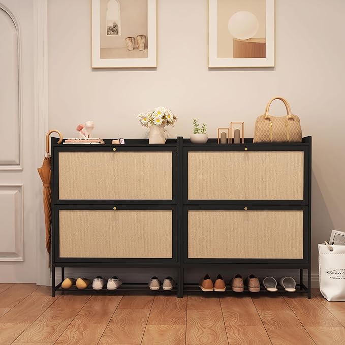 AVZEAR Narrow Shoe Storage Cabinet for Entryway with 2 Flip Drawers, Freestanding Shoe Cabinet with Natural Linen Panel, Slim Wood Shoe Organizer Closed Shoe Rack for Hallway, Foyer(Black)-NeatNest