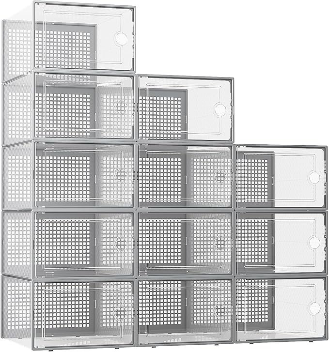 Kuject XX-Large Shoe Storage Boxes Organizers Clear Plastic Stackable 12 Pack, Shoe Rack & Holder Substitute, Sneaker Containers, Toy Storage Organizer Bins for Entryway, Closet, Under Bed, Grey-NeatNest