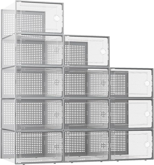 Kuject XX-Large Shoe Storage Boxes Organizers Clear Plastic Stackable 12 Pack, Shoe Rack & Holder Substitute, Sneaker Containers, Toy Storage Organizer Bins for Entryway, Closet, Under Bed, Grey-NeatNest