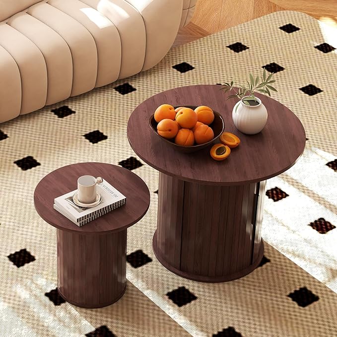 Nesting Coffee Table Set of 2 with Hidden Storage & Sliding Door, Circle Wood Coffee Table, Farmhouse Side & End Table Sets for Living Room, Small Spaces, Walnut